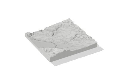 An elevation tile of the Moab world, eight kilometers a side, floating over its shadow.