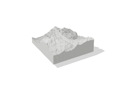 An elevation tile of the Mt. Lemmon world, eight kilometers a side, floating over its shadow.