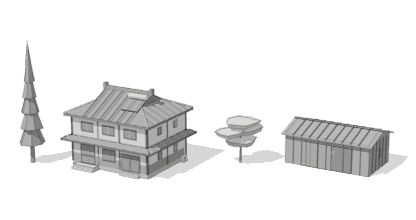 Two trees and two houses from the Japanese mountain pass kit, in gray.
