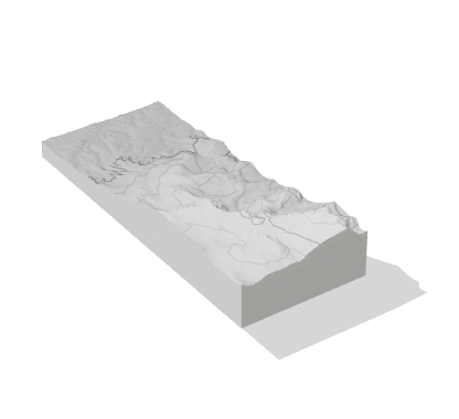 An elevation tile of the Pikes Peak hill climb, four by ten kilometers, floating over its shadow.