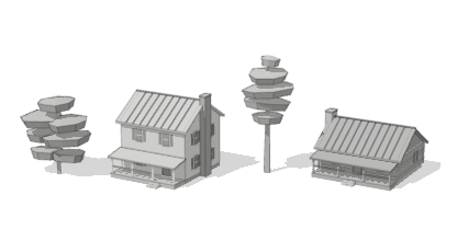 Two trees and two houses from the Tail of the Dragon kit, in gray.